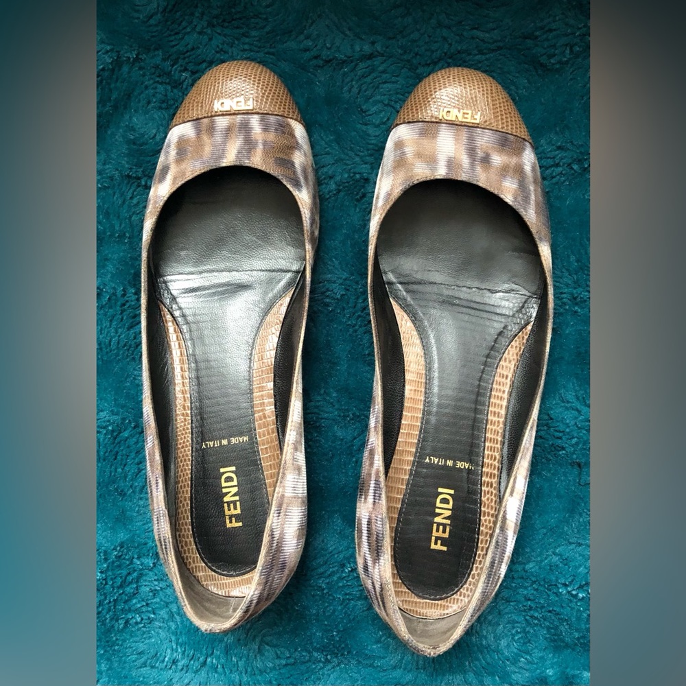 Authentic Fendi Zucca Pre-owned Animal print Ballet flats with gold tone logo